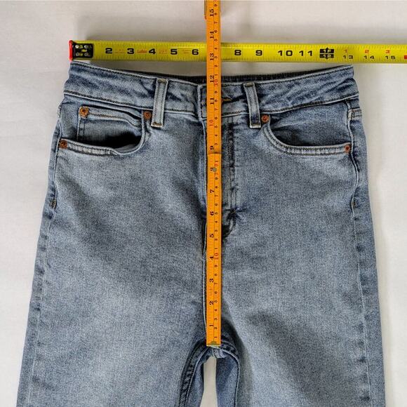 Motel Denim Jeans M Blue Split Hem Straight Leg Medium Wash Stretch Zipper Fly - Picture 7 of 11